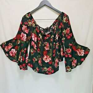 Ambiance Apparel Floral Off-Shoulder Top Black Red Rose Bell Sleeve Plus Size 1X